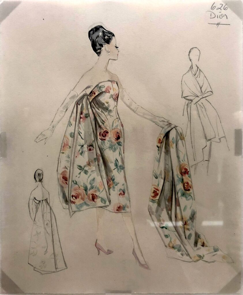 dior sketch of a cocktail dress with watercolored pink roses